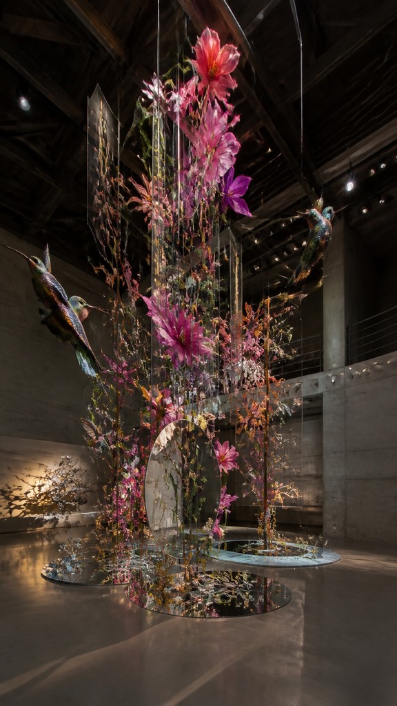 a climbing vine of flowers and hummingbirds on a dark background, tall wrapping composition, no text