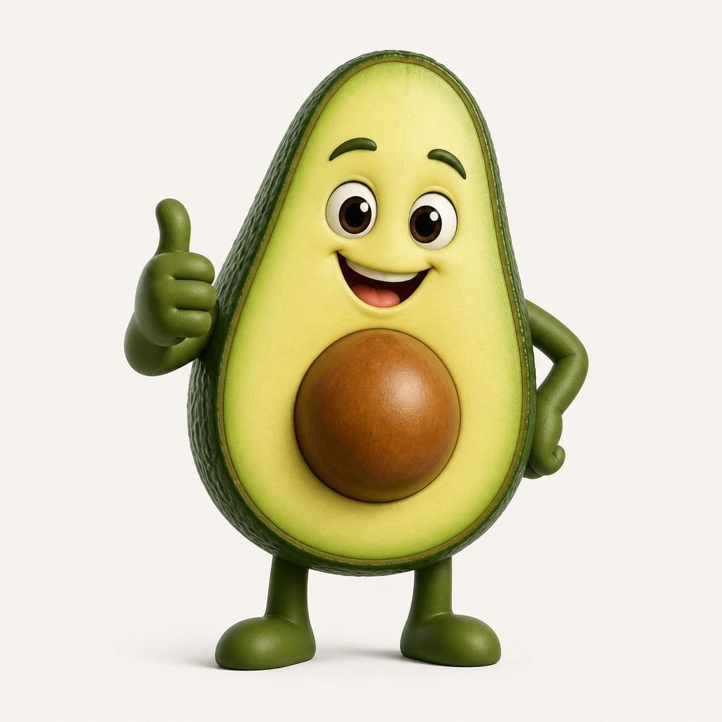 a happy avocado character giving a thumbs up, bold readable design on a plain background, no text