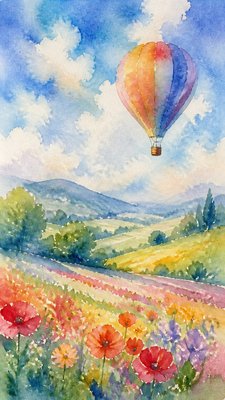 a hot air balloon drifting over rolling flower fields on a sunny day, cheerful, no text