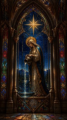 a robed figure pouring water beneath a large eight-pointed star in a night sky, symmetrical composition with an ornate decorative border, no text