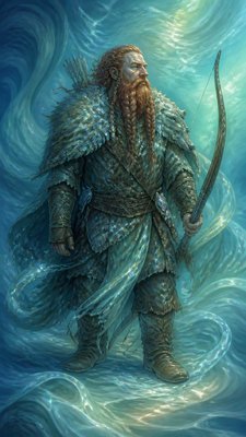 full-body original character: a dwarven ranger with a braided auburn beard, worn leather armor, a longbow and a wolf-pelt cloak, neutral background, no text