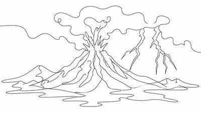 an erupting volcano with lightning strikes, dramatic wide composition, no text