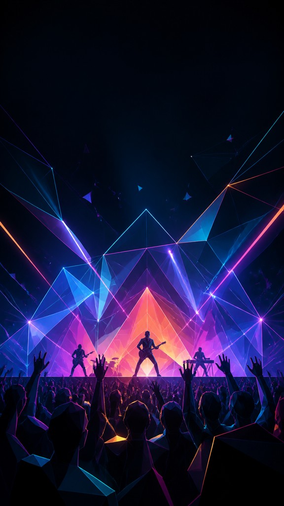 a live music scene with a glowing stage and silhouetted crowd, energetic vertical composition with open space at the top, no text