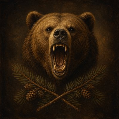 a roaring bear head above crossed pine branches, bold graphic composition on a plain background, no text