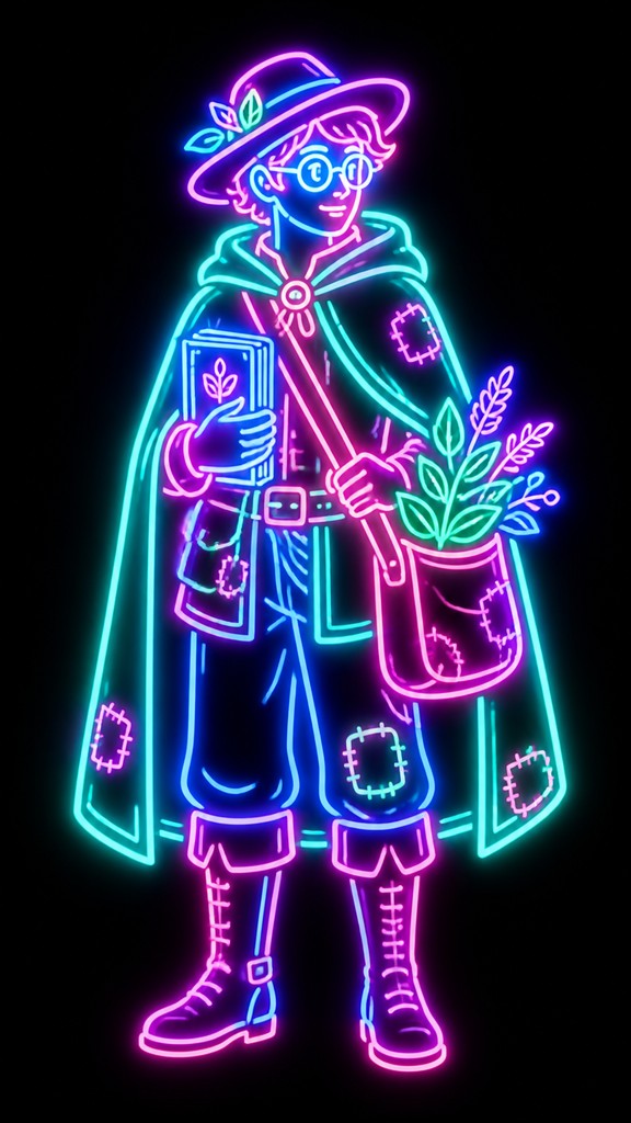 full-body original character: a wandering botanist with a satchel of plants, a patched green cloak, tall boots and round glasses, neutral background