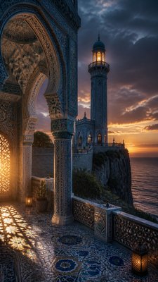 a lone lighthouse on a cliff at dusk under a dramatic sky, no text or lettering
