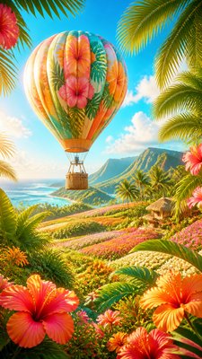 a hot air balloon drifting over rolling flower fields on a sunny day, cheerful, no text