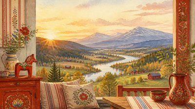 a vast valley with a river winding toward distant mountains at sunrise, no people, no text