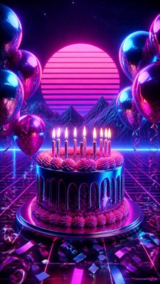 a birthday cake with lit candles surrounded by balloons and confetti, festive vertical composition, no text