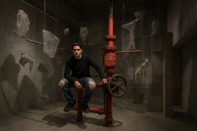 a man sitting on a red fire hydrant