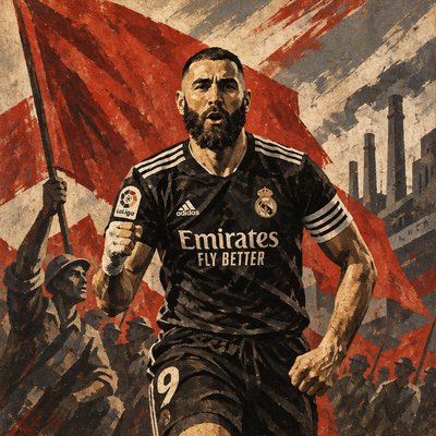 a painting of a soccer player with a flag in the background