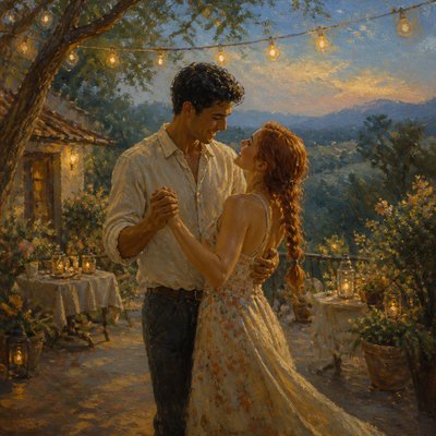 an original couple dancing under string lights in a garden at dusk: a man with short black hair in a linen shirt and a woman with braided red hair in a summer dress