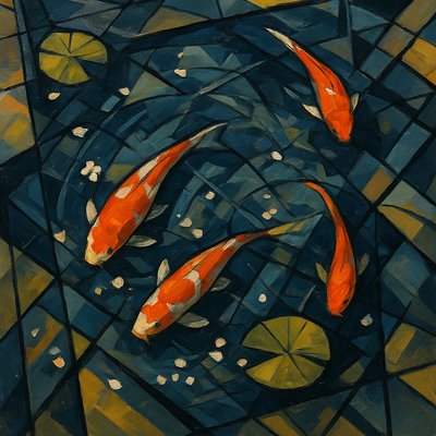 A koi pond seen from above, orange and white koi fish swimming among lily pads, clear water with subtle ripples, fallen cherry blossom petals floating on the surface, dappled sunlight