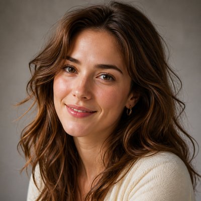 head-and-shoulders portrait of an original character: a young woman with wavy chestnut hair and a warm smile, plain soft backdrop