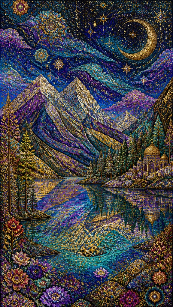 a tranquil mountain lake beneath a starry night sky, no people, no text
