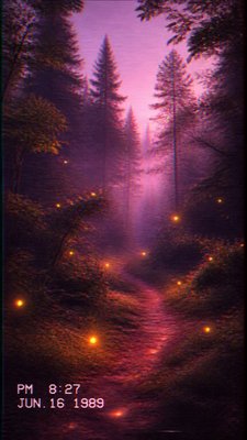 a mysterious forest path with fireflies and drifting mist, atmospheric vertical composition with open space at the top, no text