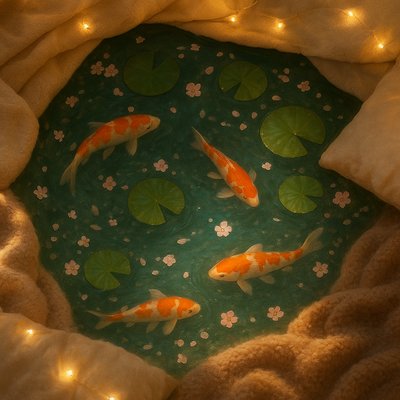 A koi pond seen from above, orange and white koi fish swimming among lily pads, clear water with subtle ripples, fallen cherry blossom petals floating on the surface, dappled sunlight