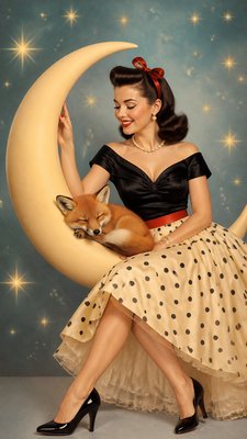 a sleeping baby fox curled on a crescent moon among soft stars, gentle and warm, no text