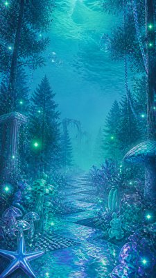 a mysterious forest path with fireflies and drifting mist, atmospheric vertical composition with open space at the top, no text