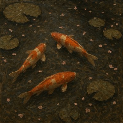 A koi pond seen from above, orange and white koi fish swimming among lily pads, clear water with subtle ripples, fallen cherry blossom petals floating on the surface, dappled sunlight
