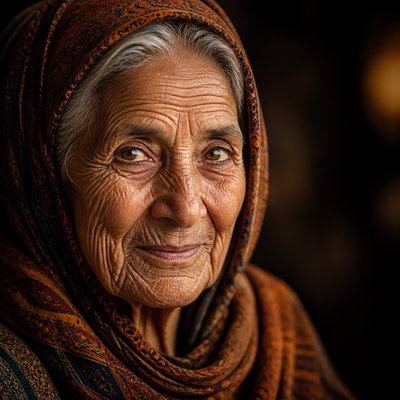 close-up portrait of an elderly person with expressive weathered features