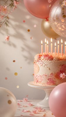 a birthday cake with lit candles surrounded by balloons and confetti, festive vertical composition, no text