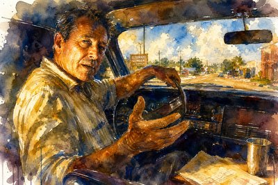 a watercolor painting of a man driving a car