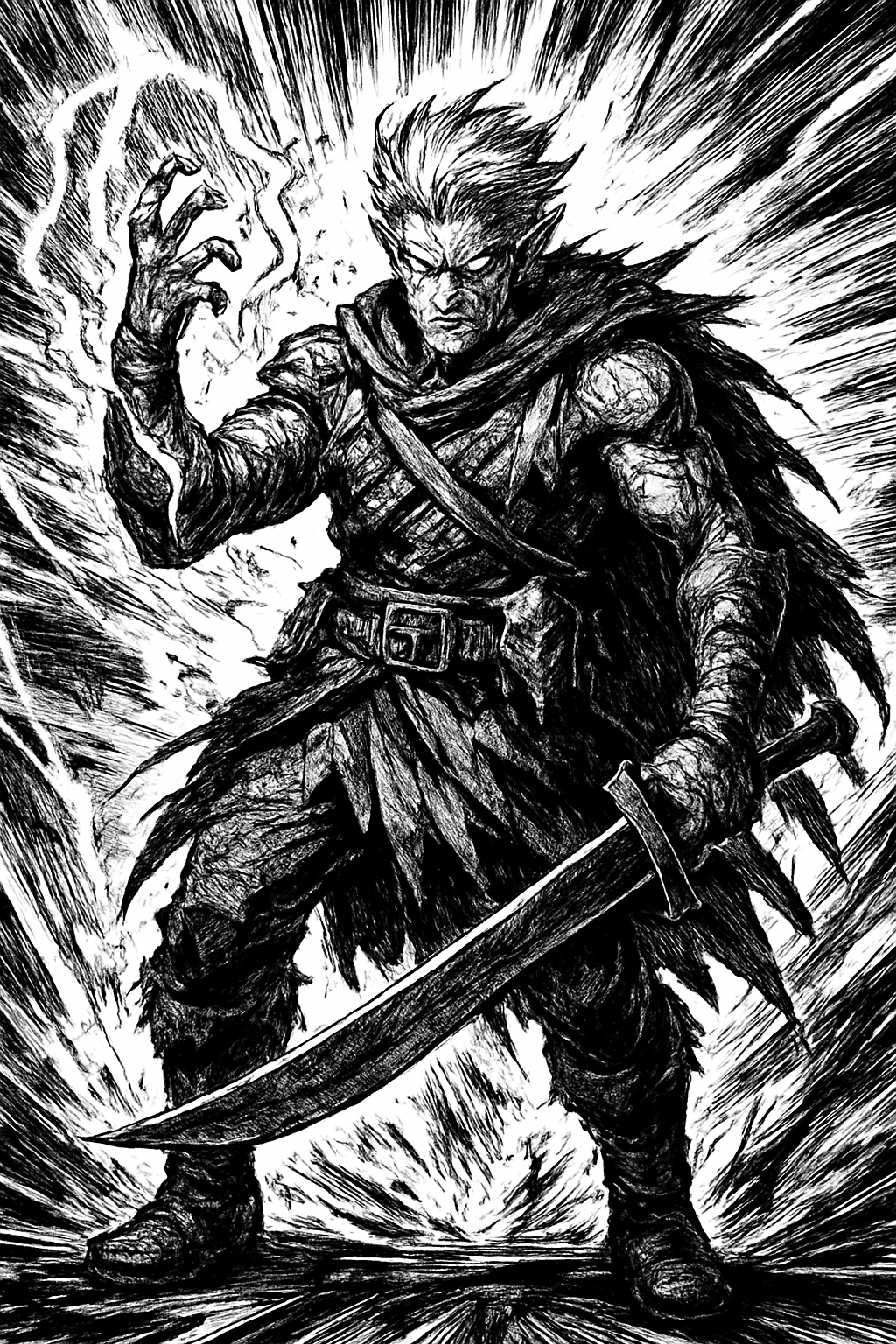 a black and white drawing of a man holding a sword