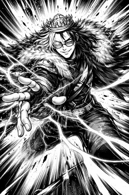 a black and white drawing of a man with a crown on his head