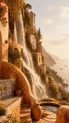 towering waterfall cascading down a cliff