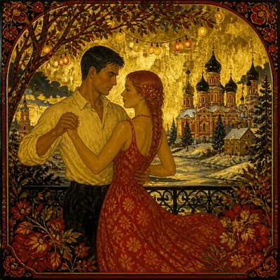 an original couple dancing under string lights in a garden at dusk: a man with short black hair in a linen shirt and a woman with braided red hair in a summer dress
