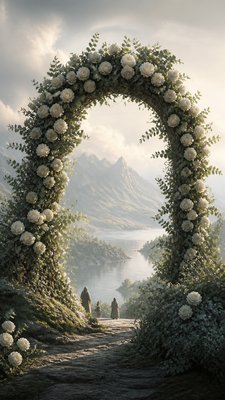 an arch of white roses and eucalyptus in soft morning light, elegant vertical composition with open space, no text