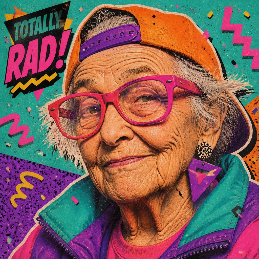 close-up portrait of an elderly person with expressive weathered features — 90s Retro Aesthetic