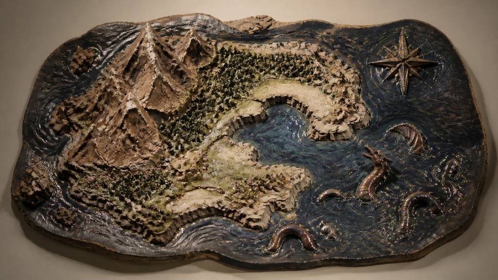 a map of an island realm with mountains, forests, a sheltered bay, sea monsters in the water and a compass rose, no text labels
