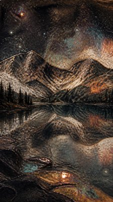 a tranquil mountain lake beneath a starry night sky, no people, no text