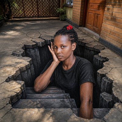 a woman sitting in a hole with her hand on her face