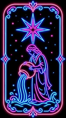 a robed figure pouring water beneath a large eight-pointed star in a night sky, symmetrical composition with an ornate decorative border, no text