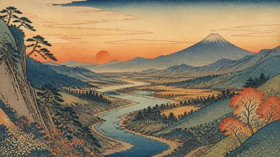 a vast valley with a river winding toward distant mountains at sunrise, no people, no text