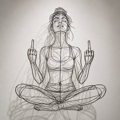 Woman in a yoga seated pose meditating while giving double middle fingers as her hand pose. 