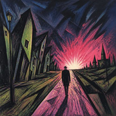a solitary figure walking toward a glowing horizon across an empty plain, moody atmosphere, no text or lettering