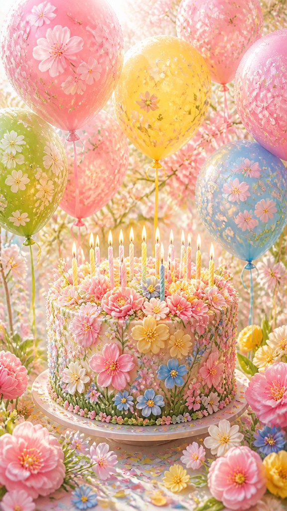 a birthday cake with lit candles surrounded by balloons and confetti, festive vertical composition, no text