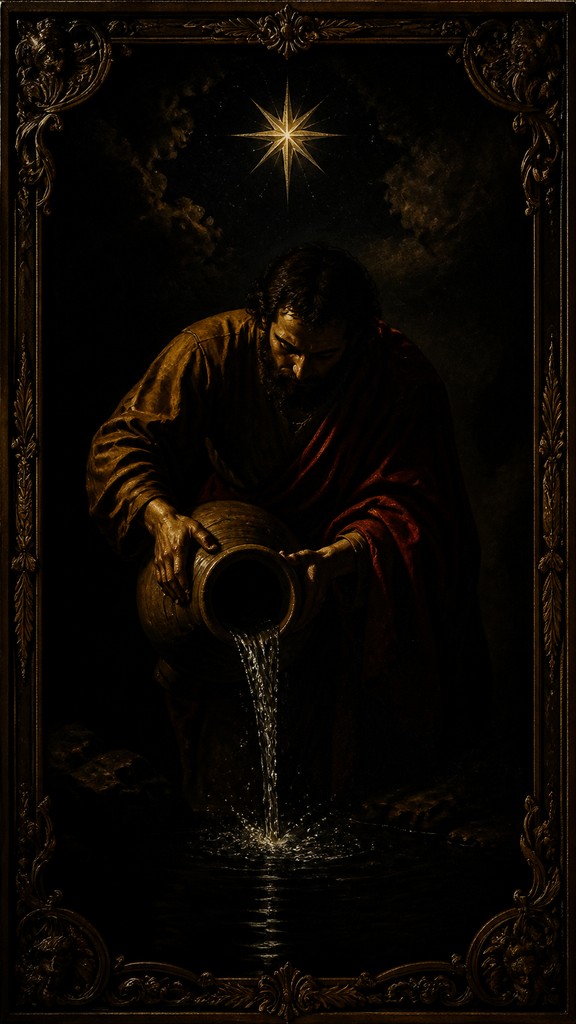 a robed figure pouring water beneath a large eight-pointed star in a night sky, symmetrical composition with an ornate decorative border, no text