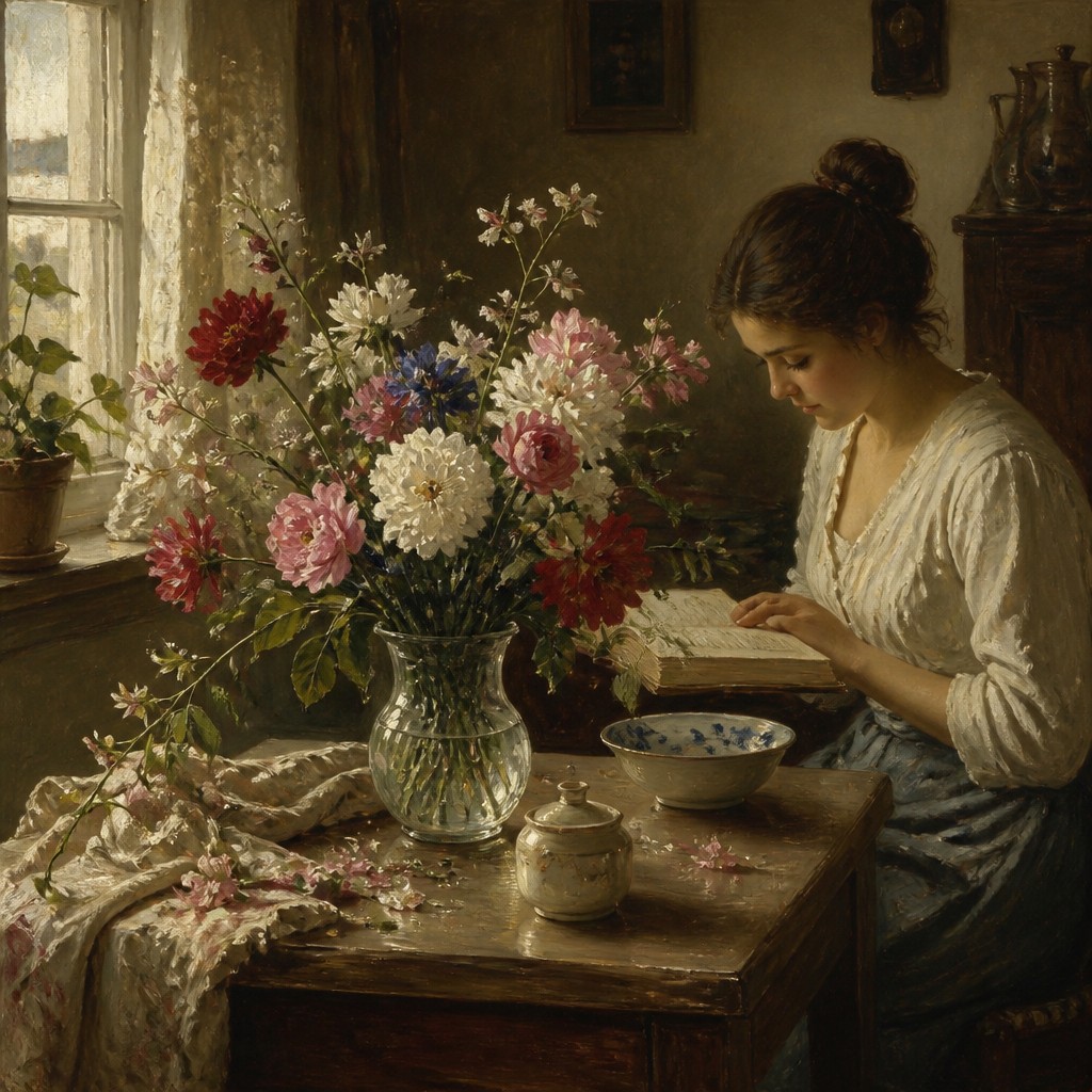 bouquet of flowers in a glass vase — Genre Painting Art Style