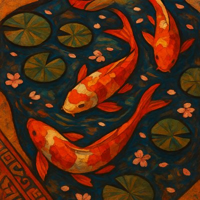 A koi pond seen from above, orange and white koi fish swimming among lily pads, clear water with subtle ripples, fallen cherry blossom petals floating on the surface, dappled sunlight