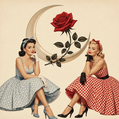 a rose entwined with a crescent moon, clean balanced composition on a plain background, no text