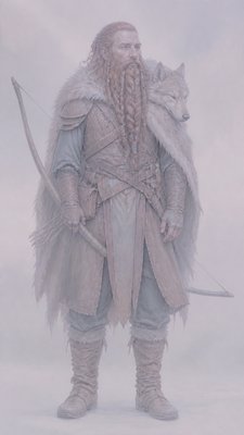 full-body original character: a dwarven ranger with a braided auburn beard, worn leather armor, a longbow and a wolf-pelt cloak, neutral background, no text