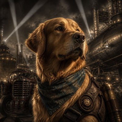 portrait of a golden retriever wearing a blue bandana, warm plain backdrop, no text