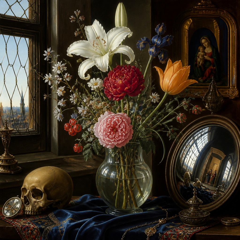 bouquet of flowers in a glass vase — Flemish Primitives Art Style