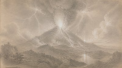 an erupting volcano with lightning strikes, dramatic wide composition, no text