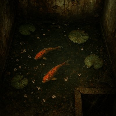 A koi pond seen from above, orange and white koi fish swimming among lily pads, clear water with subtle ripples, fallen cherry blossom petals floating on the surface, dappled sunlight